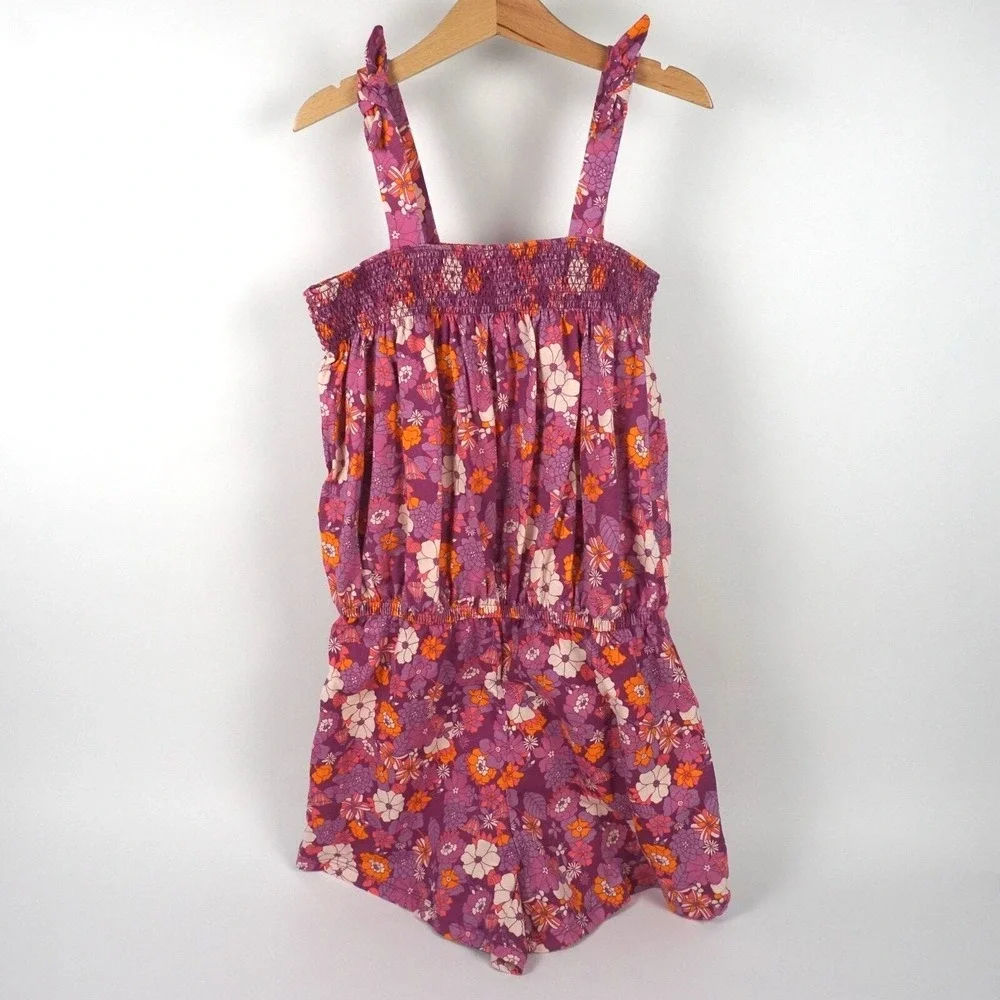 Gap Kids Floral Romper Kids XL 12 Purple Orange Smocked Tie‎ Strap NWT